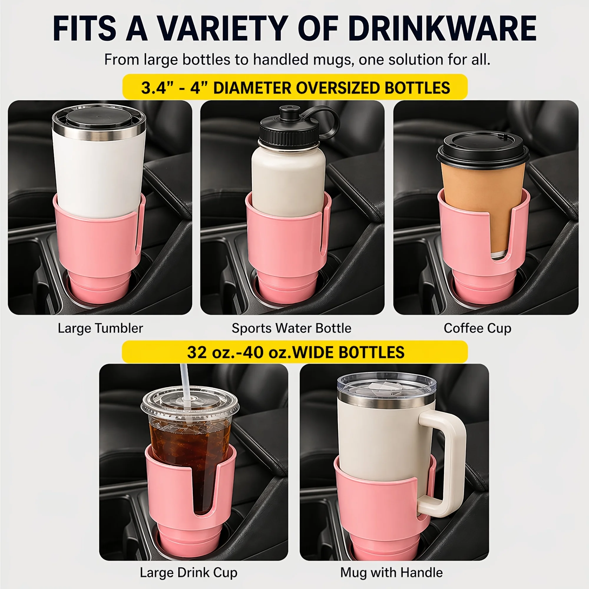 Auto-Getränkehalter-Erweiterungsadapter für 32 bis 40oz Flaschen, geformter Griff, Schlitze für Wobble-Getränkehalter, Becher, Reisebecher, Wasserflaschen – Detail 1
