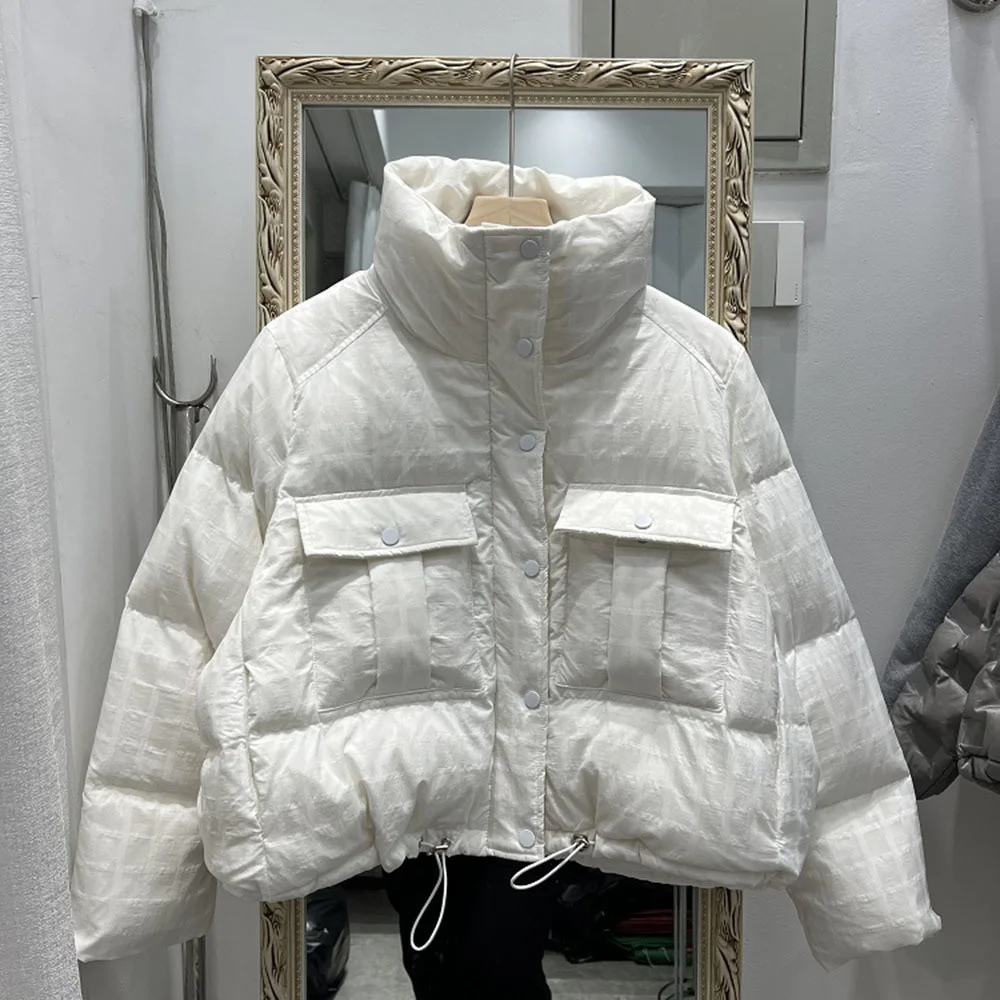 Chaqueta de cuello alto para mujer, abrigo corto holgado de plumón de pato blanco, Parka cálida de moda para invierno, 2023