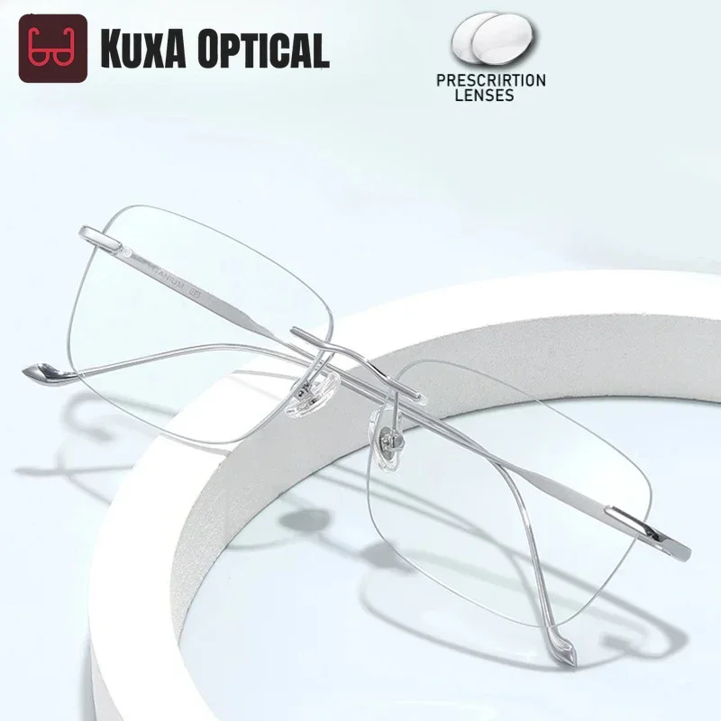 

KUXA женские и мужские титановые очки без оправы, линзы по рецепту, оптические УФ-очки для близорукости и дальнозоркости, очки для чтения, прогрессивные антибликовые