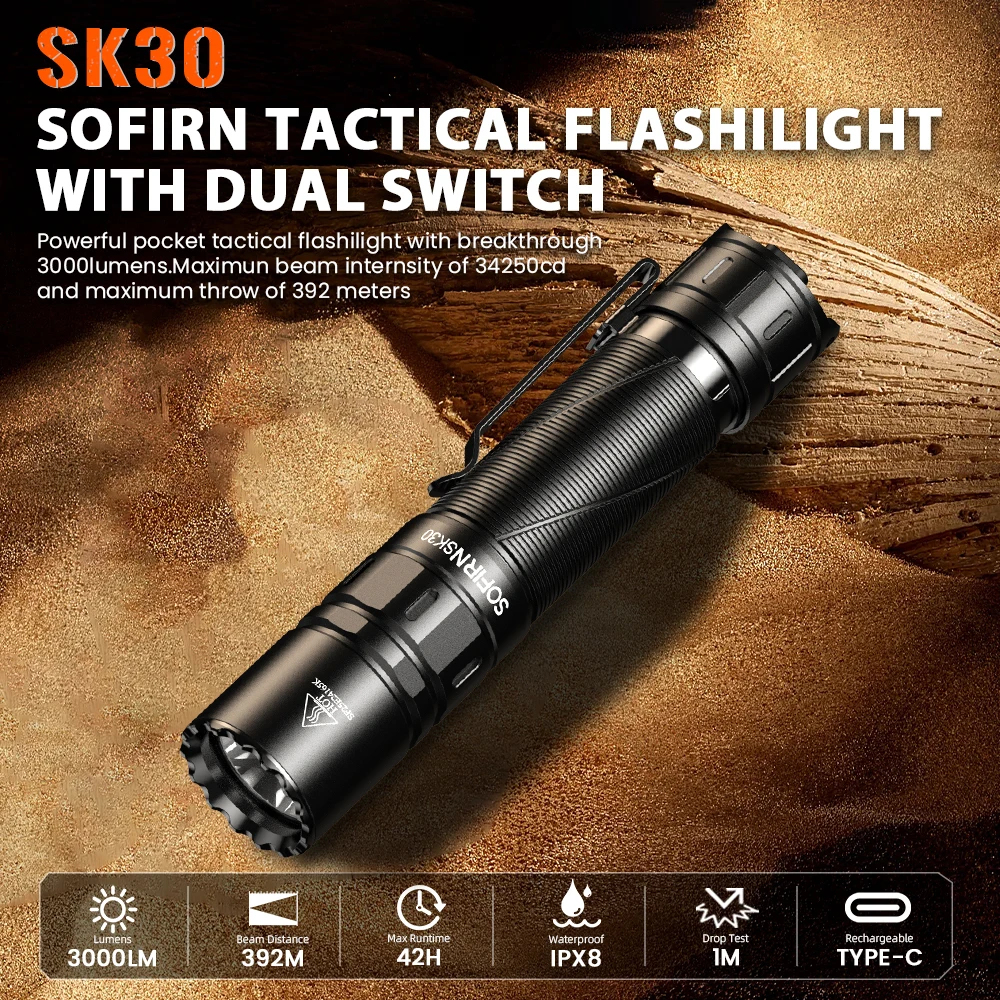 SOFIRN SK30 2800LM Tactical Flashlight SFT70 LED Light 6500K 21700 USB C Rechargeable Torch Double Switch