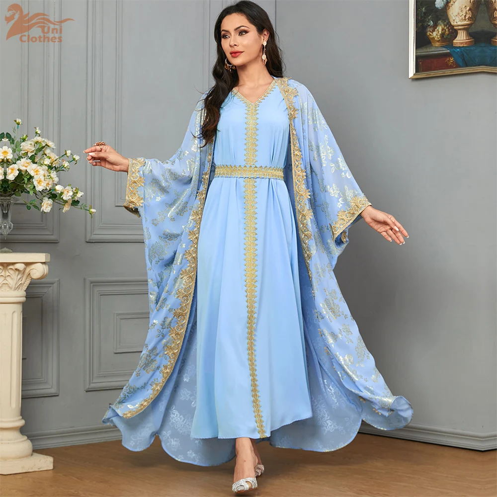 Eid Muslim Party Dress for Women Abaya with Inner Dress 2 Piece Set Jalabiya Ramadan Abayas Robe Caftan Vestidos Largos 2024