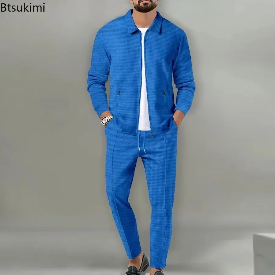 2025 männer Casual Waffel Zwei Stück Hosen Sets Lose Revers Zip-up Mäntel und Hosen Sets für Herren Kleidung herbst Mode Sets Männlich