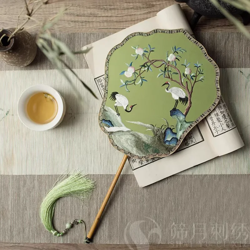 

Double Sided Embroidered Fan Antique Style Su Embroidery Flower Round Fan Palace Fan