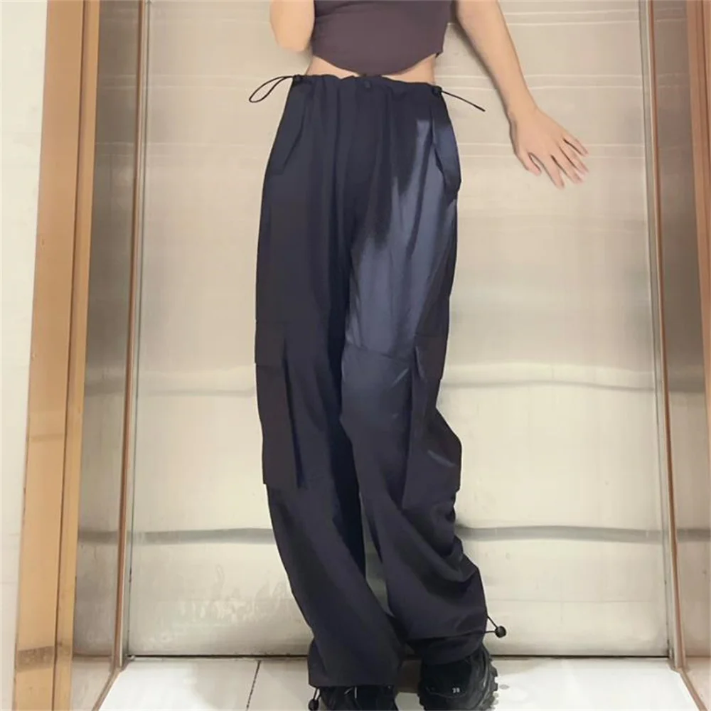 Drawstring straight overalls women spring and summer loose retro wide leg pants drying casual pants