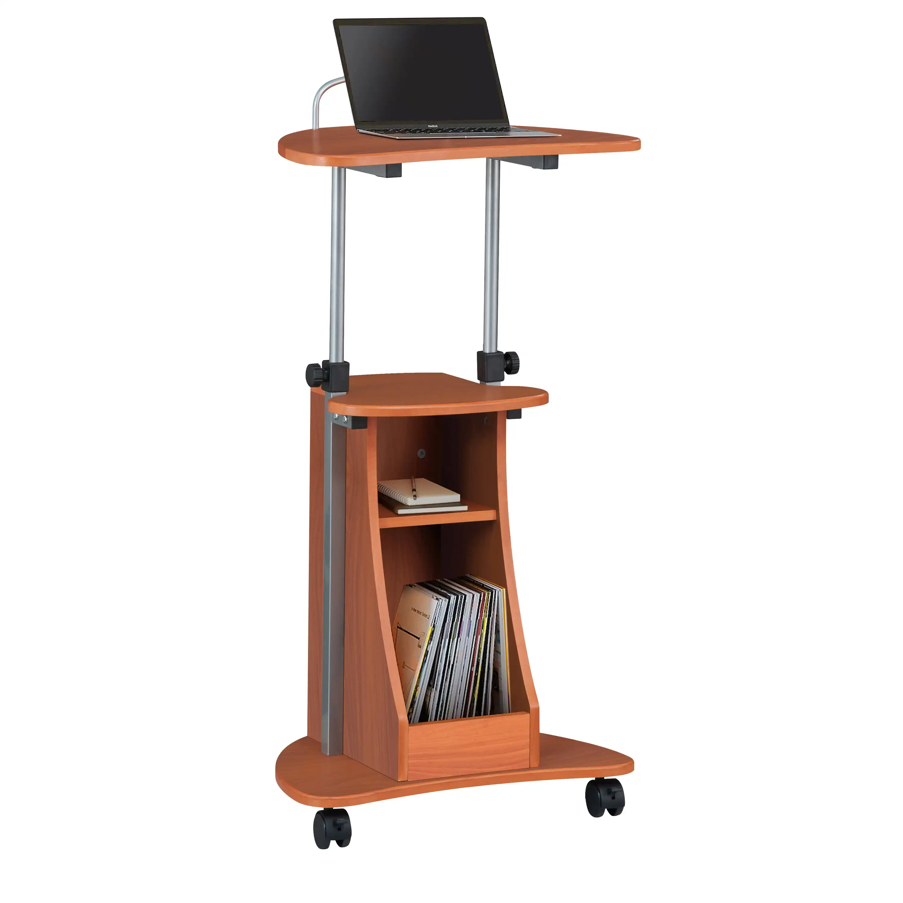 Sit-to-Stand Rolling Laptop Cart, altura ajustável, armazenamento, Woodgrain, Laptop