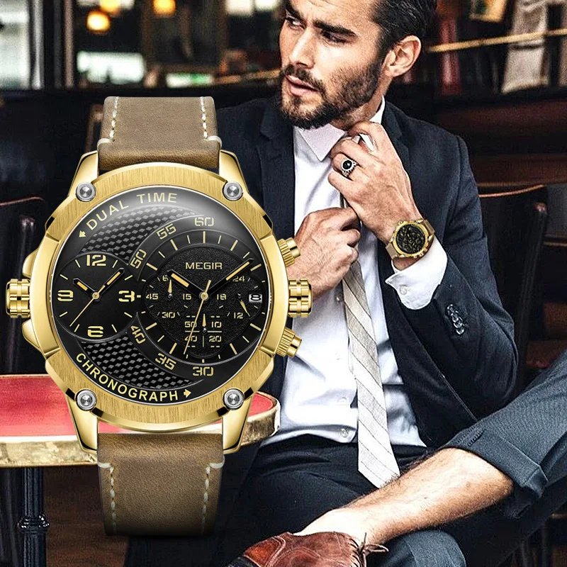 MEGIR-relógios masculinos de negócios com duplo fuso horário, pulseira de couro genuíno, cronógrafo impermeável, relógio de pulso casual masculino, 2093