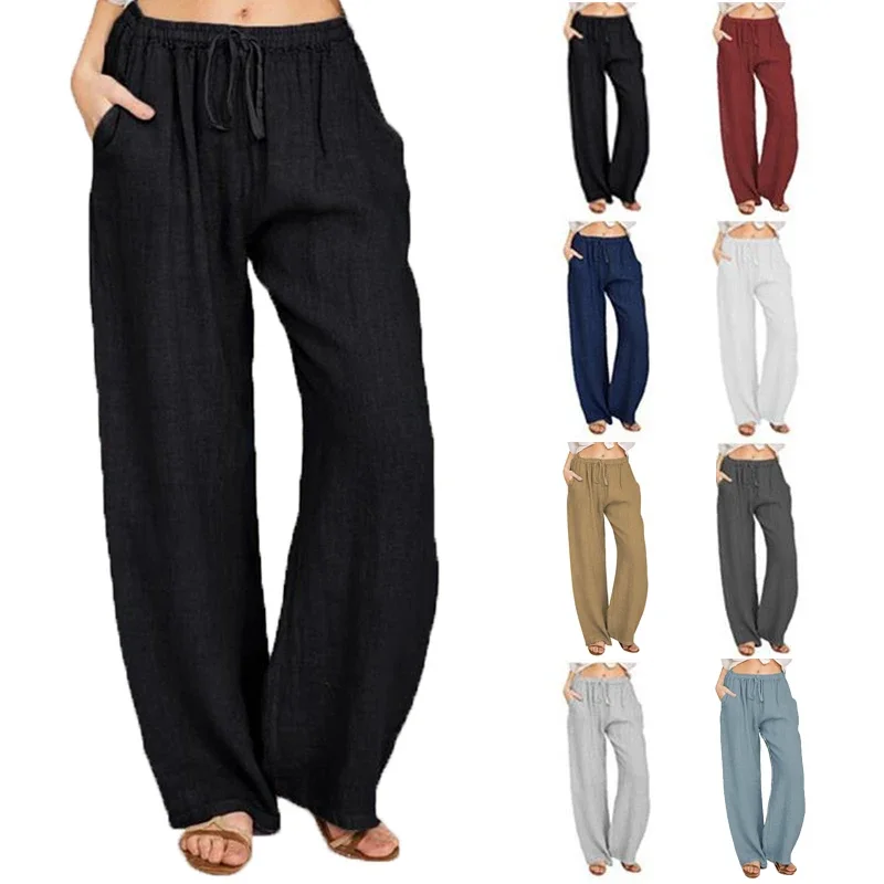 We.Fine-pantalones de pierna ancha de lino y algodón para mujer, pantalones casuales de longitud completa, sólidos, sueltos, de cintura alta, rectos, otoño