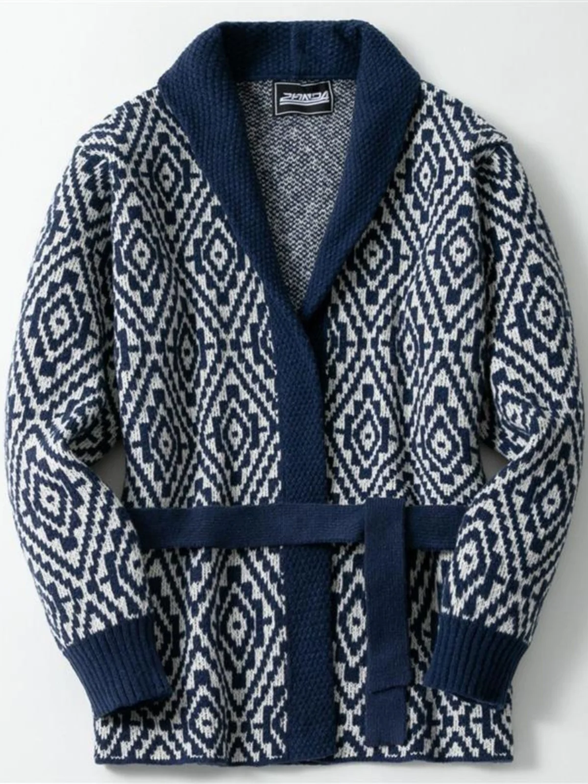 

Утепленный мужской вязаный кардиган на осень-зиму с поясом, длинный фланелевый свитер, повседневная теплая верхняя одежда с отложным воротником и длинными рукавами