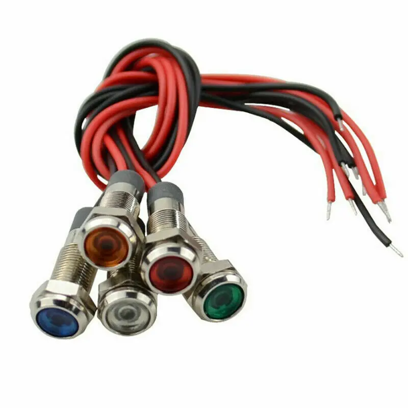 5Pcs Metal Waterproof 6/8/10/12mm 12-24VDC LED Signal Indicator Light with Wire Car Boat Dash Dashboard Panel Warning Pilot Lamp