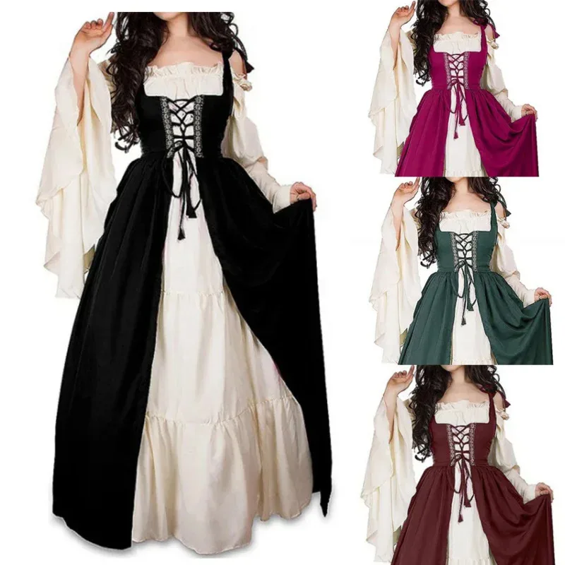 

Halloween Women European Medieval Court Fancy Vampire Cosplay Costume Carnival Vintage Strapless Long Sleeve Queen Elegant Dress