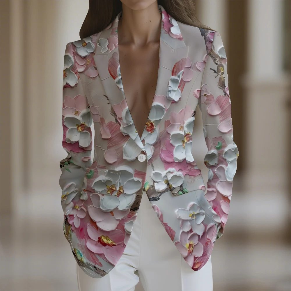 

Элегантный женский пиджак с 3D цветочным тиснением, разноцветные розовые/белые цветы, офисная куртка с функциональными карманами, весенне-осенний тренд