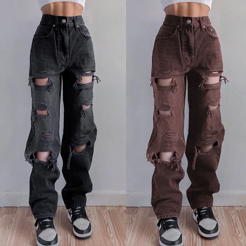 

Women Jeans Ripped Straight Pants Zipper Fly Washed Loose Denim Ankle Length Jean Pockets High Waist Hole Distressed Casual