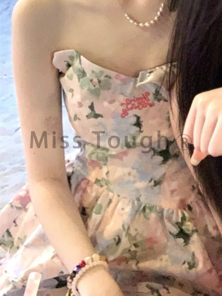 French Design Floral Strapless Dress Women Summer New Holiday Casual Y2k Dress Female Fashion Slimming Irregular Mini Dress 2024