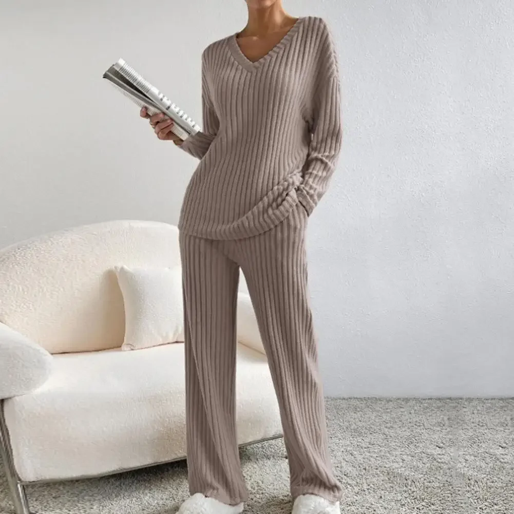 

Sweater Wide Set Casual Pcs/Set Loose Thread Soft Winter Homewear Suit Waist Knitted Pants Fall Pajamas Leg Elastic 2