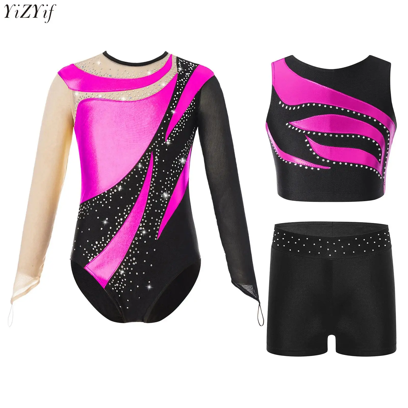 

Kids Girls Gymnastics Dance Outfit Rhinestone Color Block Tank Crop Top+Shorts+Mesh Long Sleeve Leotard Figure Skating Bodysuit