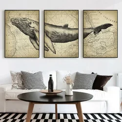 Vintage Marine Animals 3 Pieces Blue Whale Head Body Tail World Map Poster Canvas Painting Wall Art Pictures Home Room Decor