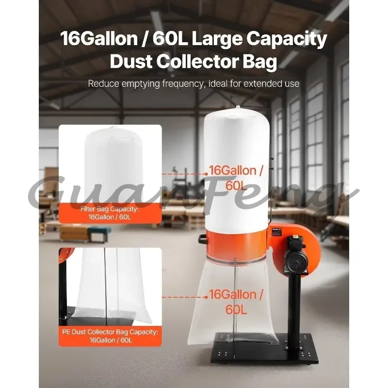 High Speed 800CFM Conical Dust Collector, 1HP Motor, 16 Gallon Large Capacity 2.5-Micron Sawdust Collection System