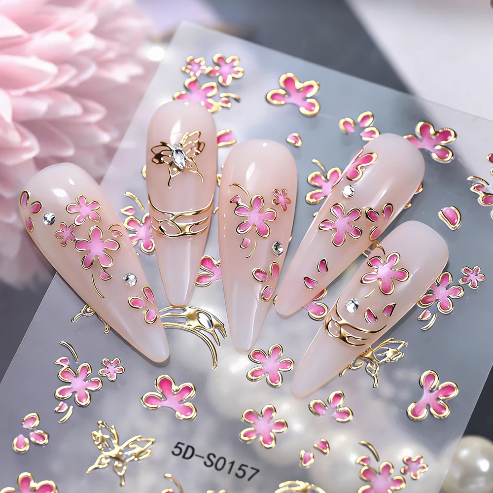 1pcs 5D Spring Pink Five-Petal Flower Nail Art Stickers Gold Edge Butterfly Wave Floral Nail Decals Self-Adhesive DIY Nail Parts