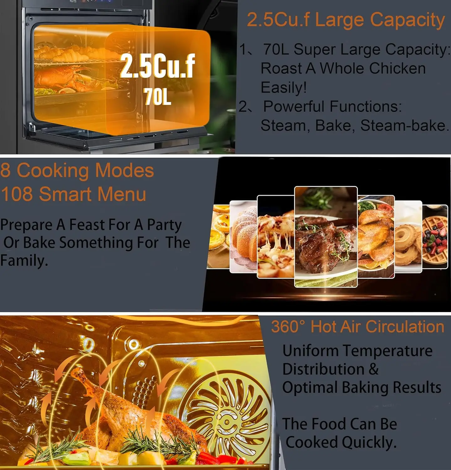 أفران كهربائية مدمجة 24 بوصة بسعة 70 لتر، فرن حائط واحد 3000 وات مع نافذة عرض، فرن بخار وشواية، 8 وظائف للطهي