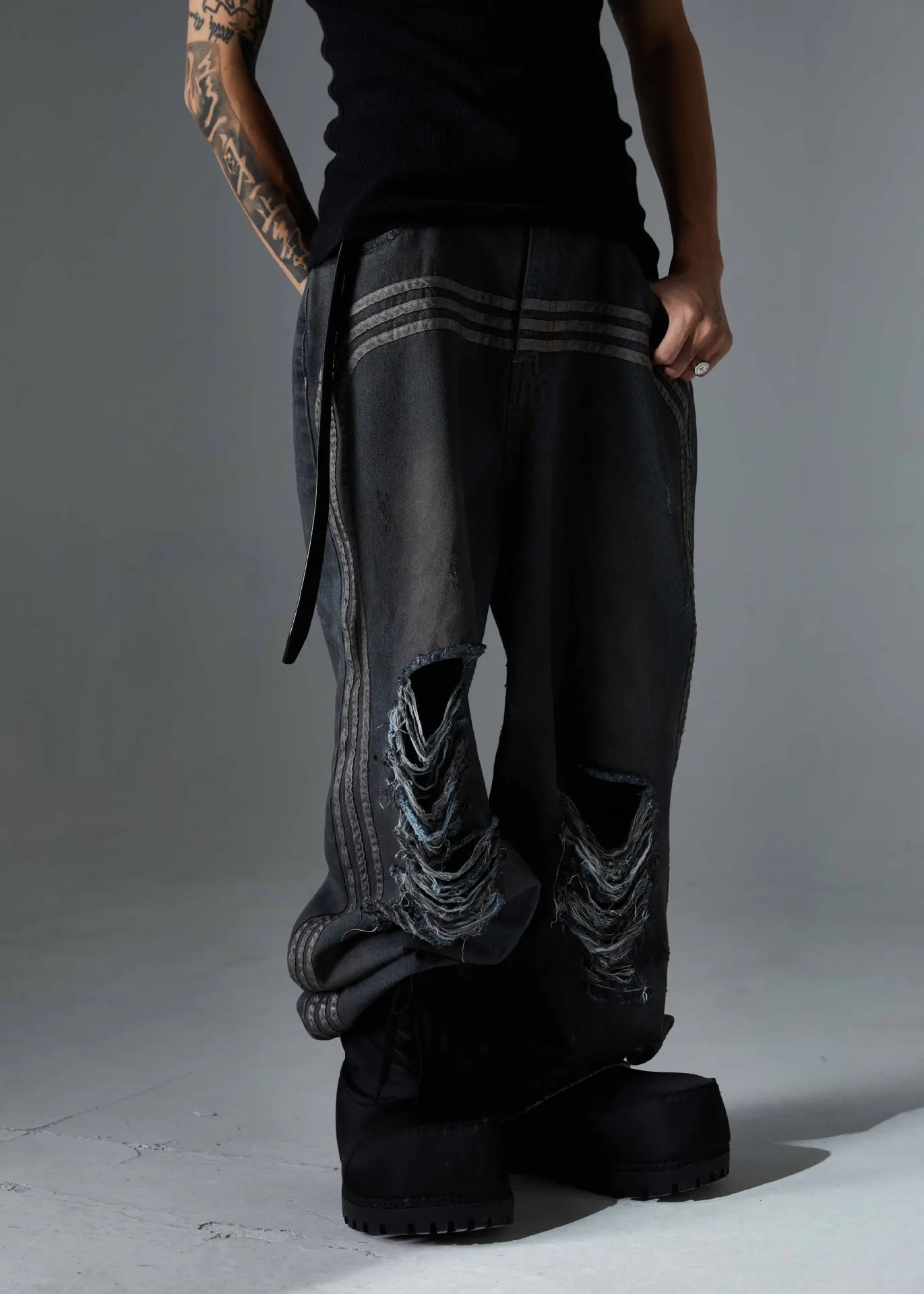 Retro Wasteland Style Dirty Dyed Washed Ripped Jeans Pants Men's and Women's Striped Patchwork Casual Loose Streetwear Pants