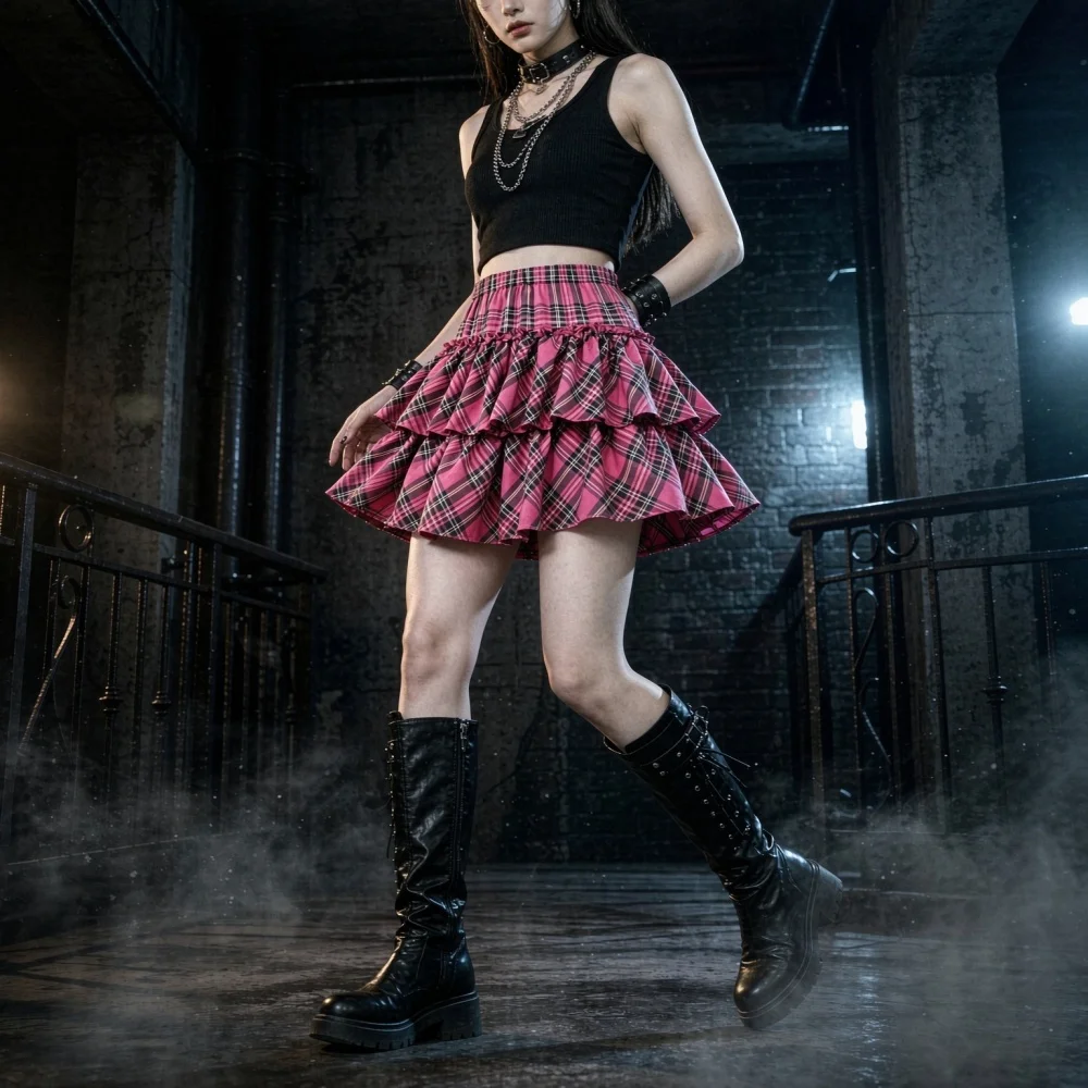 Y2K Japanese Preppy Plaid Cake Skirt For Women Cute Ruffled Design Punk Rock Aesthetic Casual New Fashion Layered Skirts