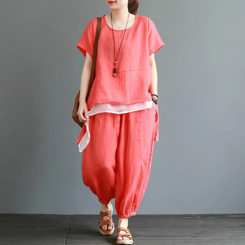 Cotton-linen Suit Women's Summer Dress New Short Sleeve T-shirt Women's Top Large Size Loose Cropped Harem Pants 2-piece Set V5