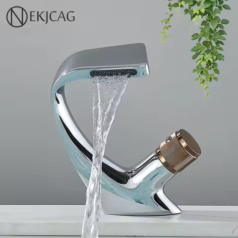 Nekjcag Bathroom Sink Faucets Chrome/Black Waterfall Basin Faucet Hot Cold Mixer Crane Single Hole Deck Mounted Washbasin Tap
