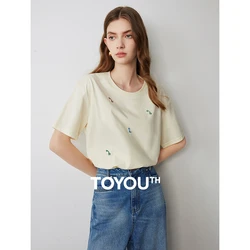 TOYOUTH Women T-shirt 2024 Summer New Animal Embroidery Sorona Antibacterial Heavy Industry Short Sleeve Black Tops