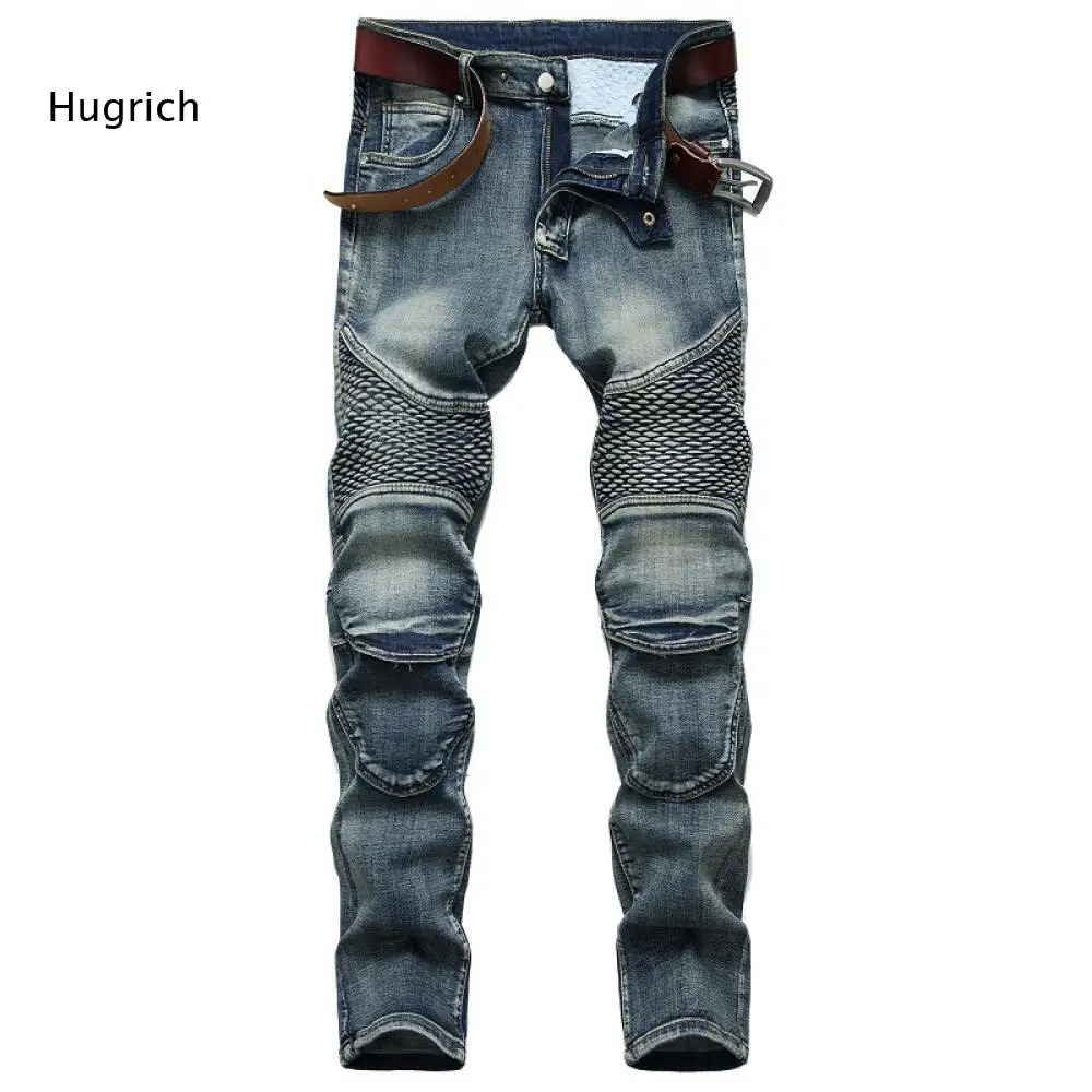 Vintage Washed Biker Denim Trousers For Men Quilted Knee Panel Stitching Slim Cut For Motorcycle Inspired Street Fashion Style
