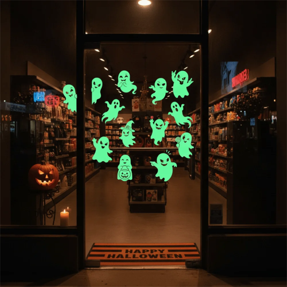 2 Sheet Fluorescent Halloween Luminous Wall Sticker PVC Green Light Static-cling Stickers Ghost Pumpkin Eye Pattern