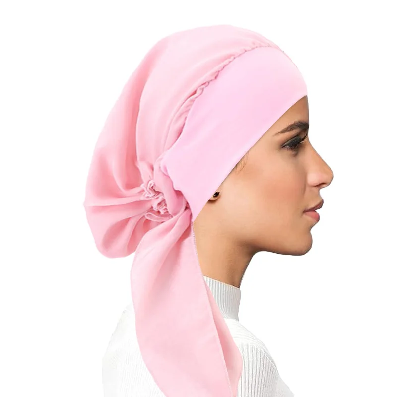 New Women Muslim Hijab Cancer Chemo Cap Turban Beanie Islamic Head Wrap Long Tail Ruffle Pre-tied Bandana Tichel Headwear