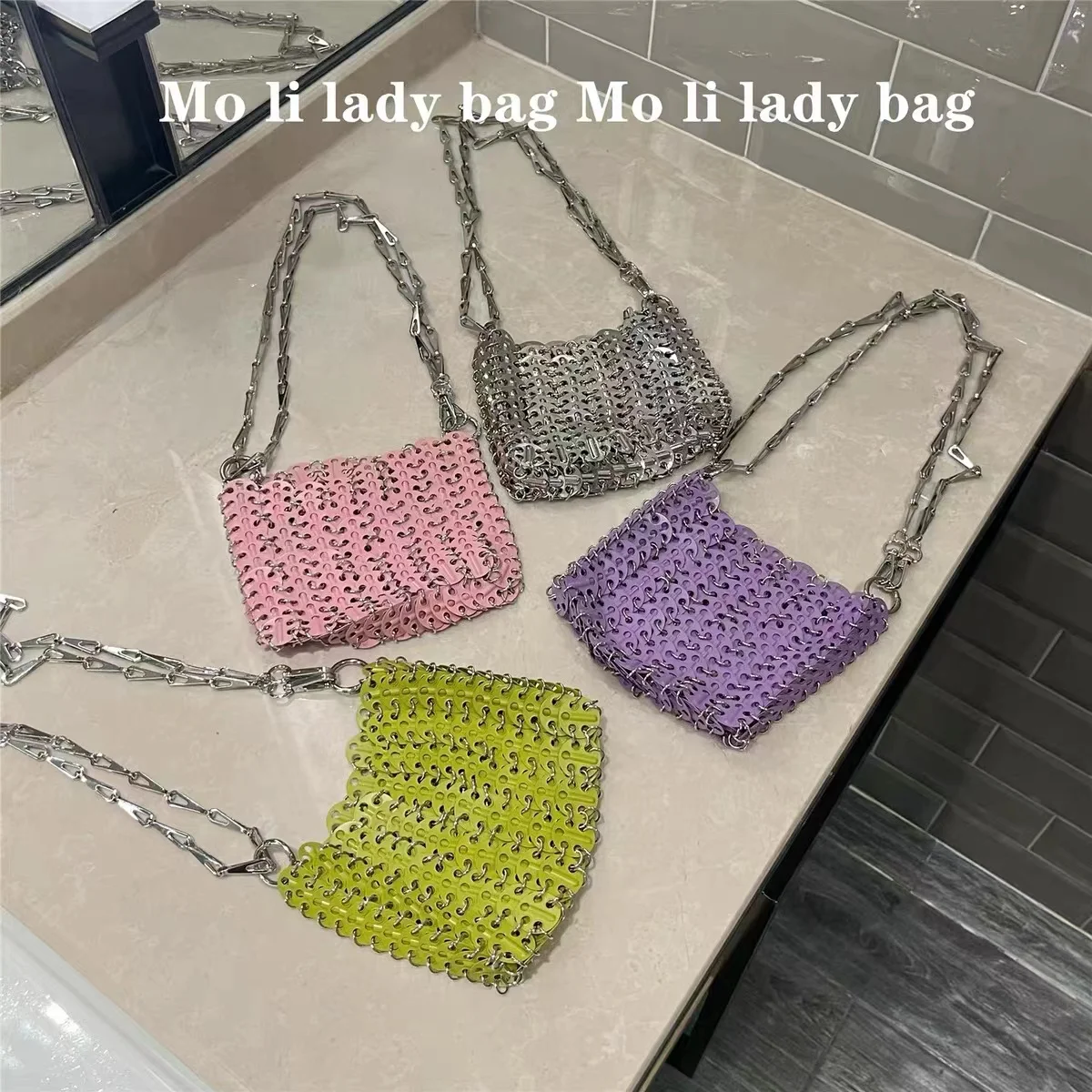 Glitter Shiny Metal Sequined Woven Handmade Square Bag Women Fashion Handbag Lady Purse Shoulder Crossbody Bag Mobile Phone Bag