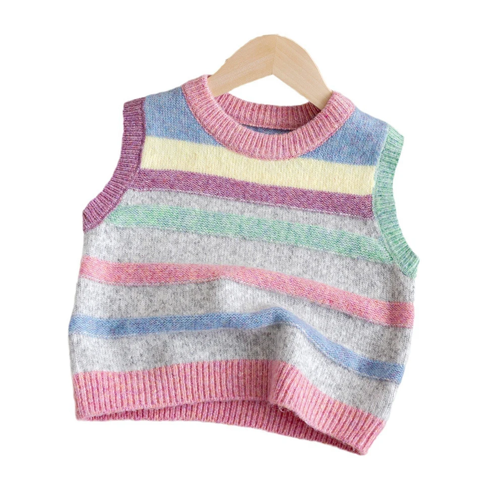 Cute Knitted Vest for Kids Baby Girls Spring Autumn Colorful Striped Sleeveless Pullover Sweaters Top Children Clothes Waistcoat