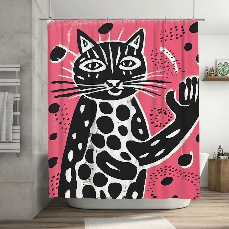 

Black and White Cat Shower Curtain Modern Bathroom Decor with Eye-catching Animal Print Design for Home Decoration Pink Backgrou