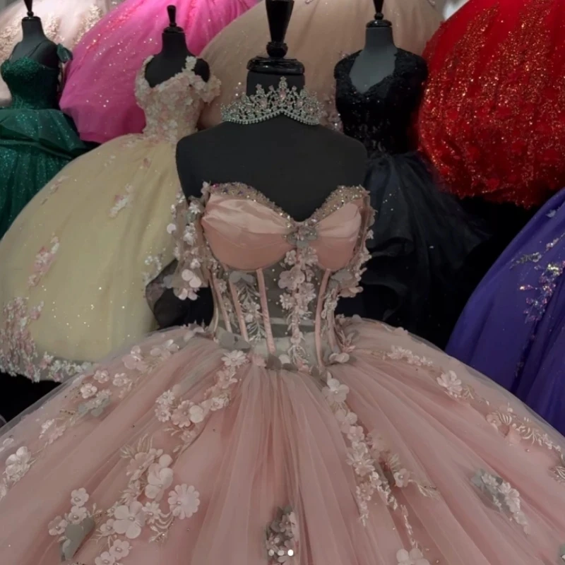 فستان Quinceanera وردي فاتح ، فستان كرة مشد مكشوف الكتف ، 3DFlower زين ، حبات دانتيل ، كريستال Tull ، حلو 16 ، 15 سنة