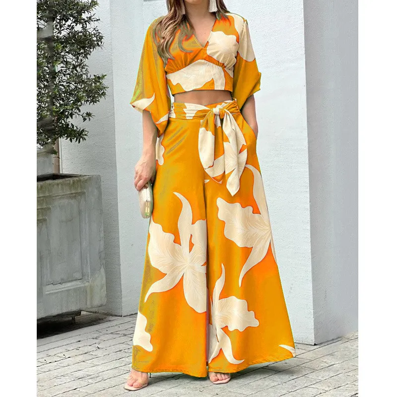 Imagem -04 - Conjunto de Calças Largas e Manga Lanterna Feminina Roupas Elegantes com Decote em v Cintura Alta Nova Moda Primavera Outono Peças