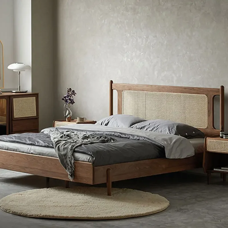 الجوز الأسود الأمريكي القديم، سرير الروطان الخشبي الصلب بالكامل، سرير مزدوج حديث وبسيط #1