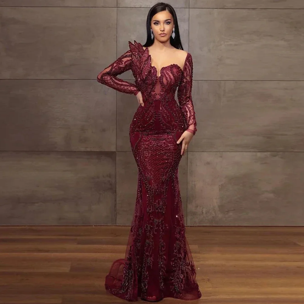 Burgundy Women Evening Dresses Lace Applique Beaded Mermaid Formal Occasion Dress Elegant Sweep Trian Long Sleeveفساتين الحفلا