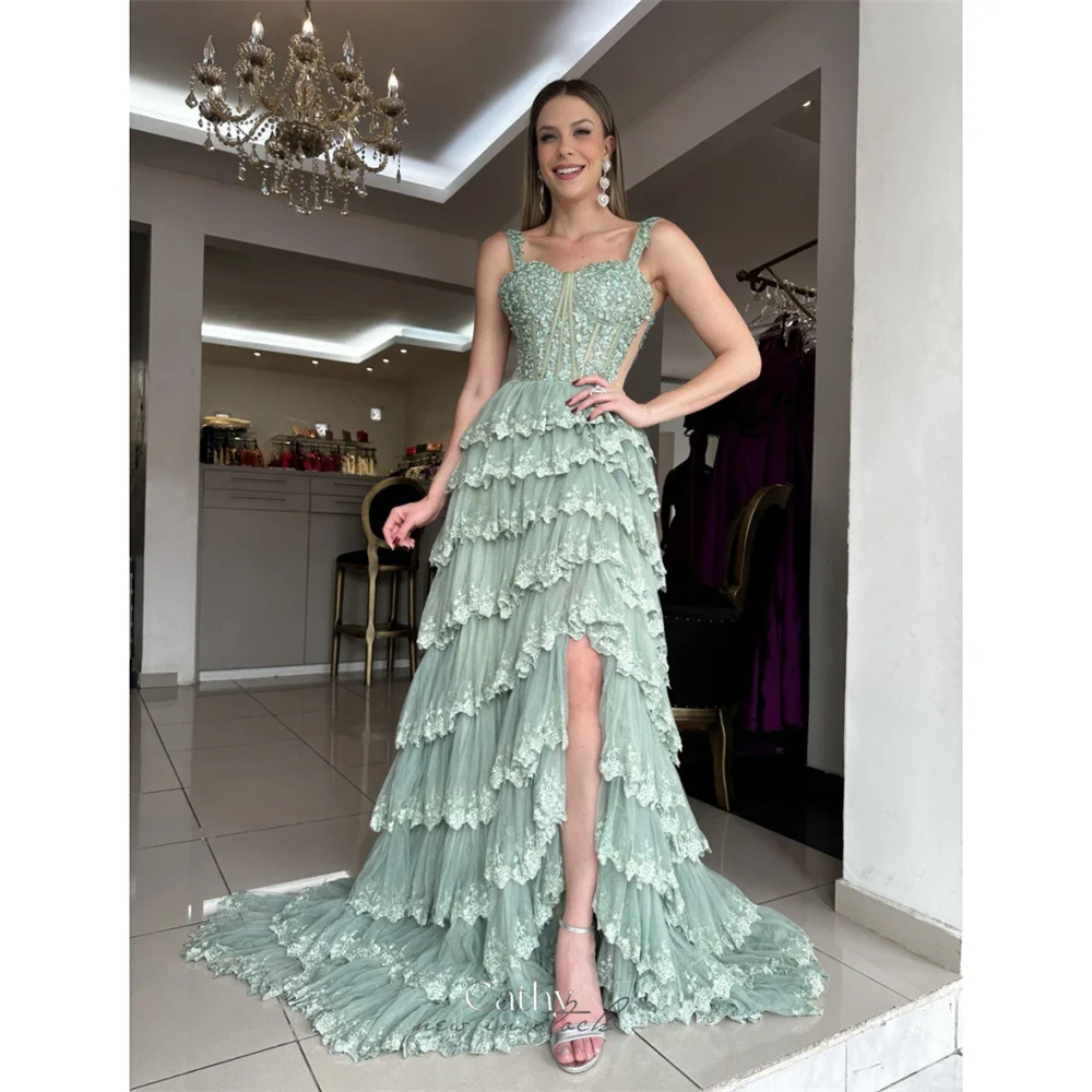 

Cathy Customized Flowers A-Line Square Collar Prom Dresses Floral Straps Side Slit vestidos de noiva Sweep Train Formal Evening