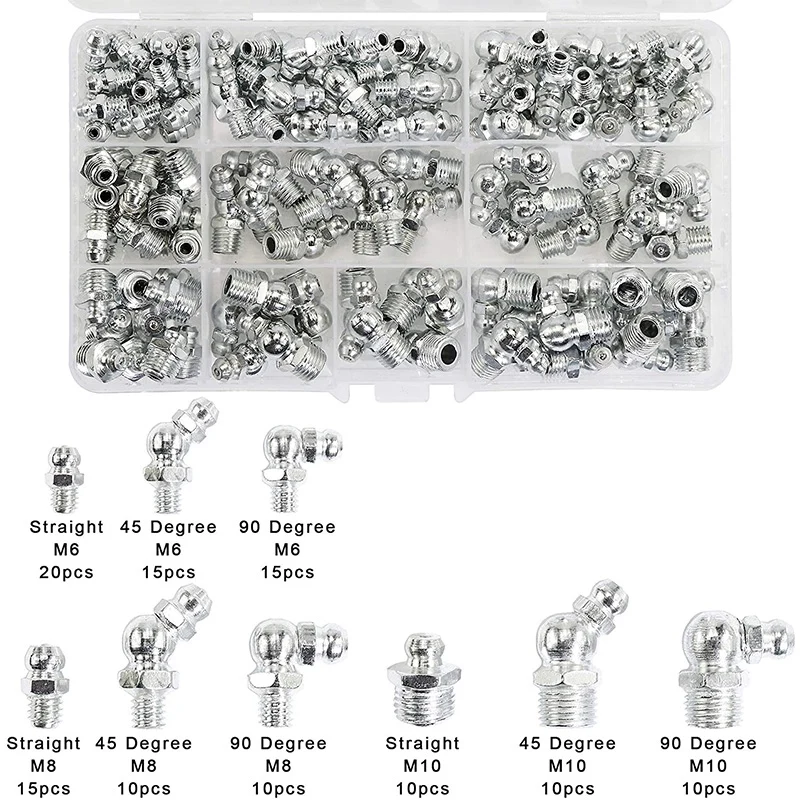 230Pcs Steel Zerk Grease Nipple Fittings Assortment Kit ,Straight, 90-Degree, 45-Degree Angled(M6,M8,M10)