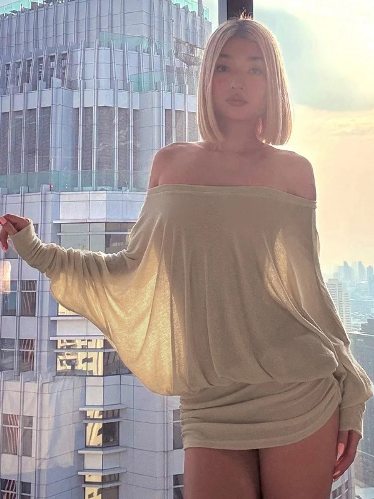 

Off Shoulder Oversized Sexy Dress For Women Summer Outfit Batwing Sleeve One Piece Y2k Clothes Shirring Mini Vestidos De Mujer