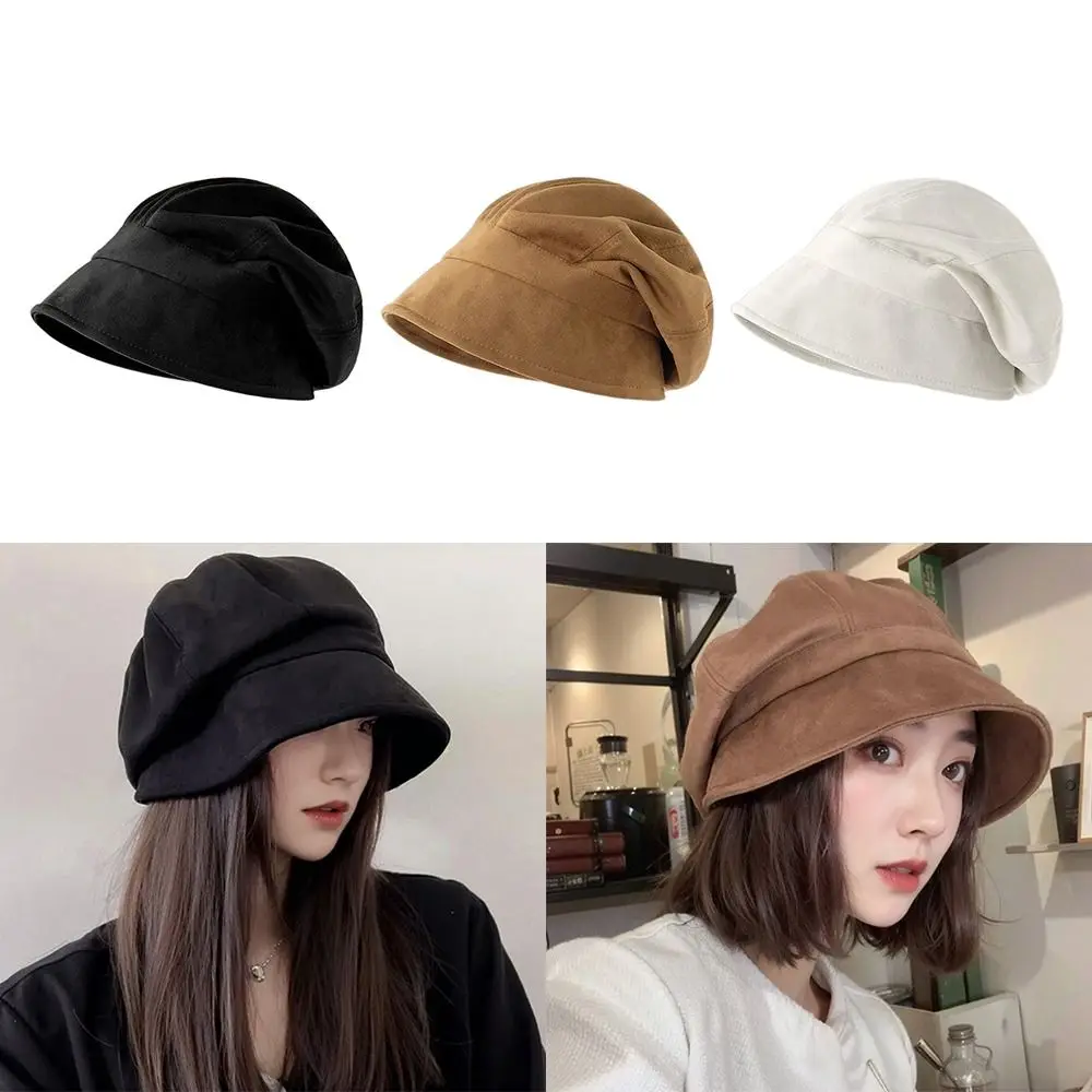 Fashion Suede Women Beret Hat Octagonal Retro Color Winter Bucket Hat Sloughy Cold Proof Fisherman Cap Outdoor