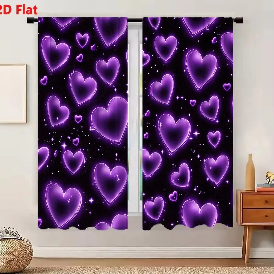 2Pcs Curtains Add 2D Flat Seamless Pattern Glowing Purple Hearts Dark Background Neon Outline Gradient Fill White Sparkles Star