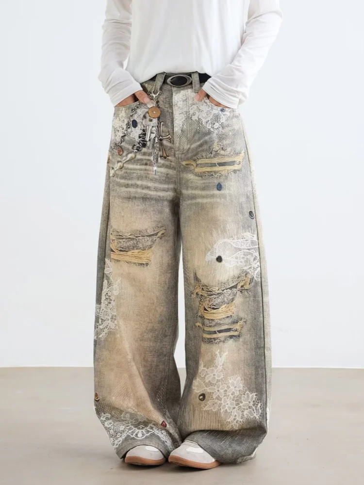 2025 سايبر Y2K الشارع الشهير ثلاثية الأبعاد مطبوعة خمر الأزرق فضفاض الجينز السراويل للرجال الملابس واسعة الساق القوطية موضة جديدة سراويل جينز #5