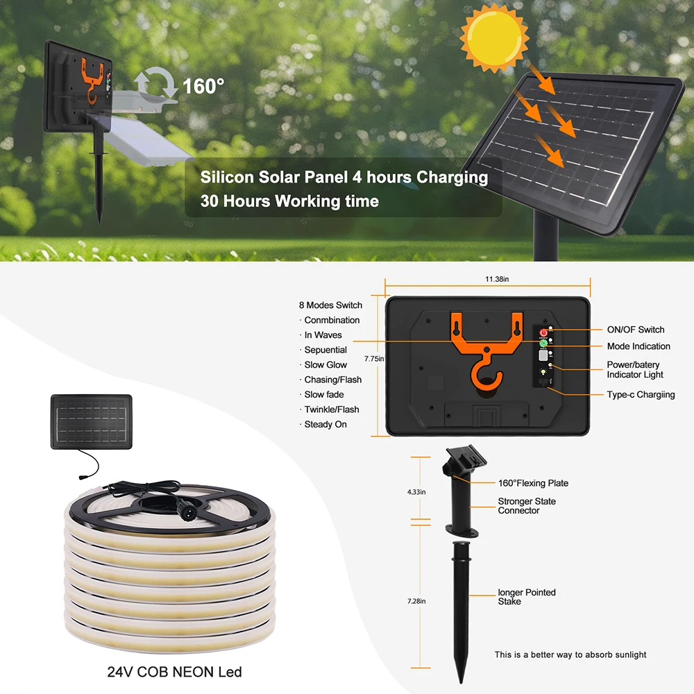 24V LED Lampu Neon Strip Tenaga Surya Tahan Air 8 Mode 320LED/M Lampu Fleksibel IP68 Pesta Taman Dekorasi Luar Ruangan 0.5M 1M 2M 3M 5M