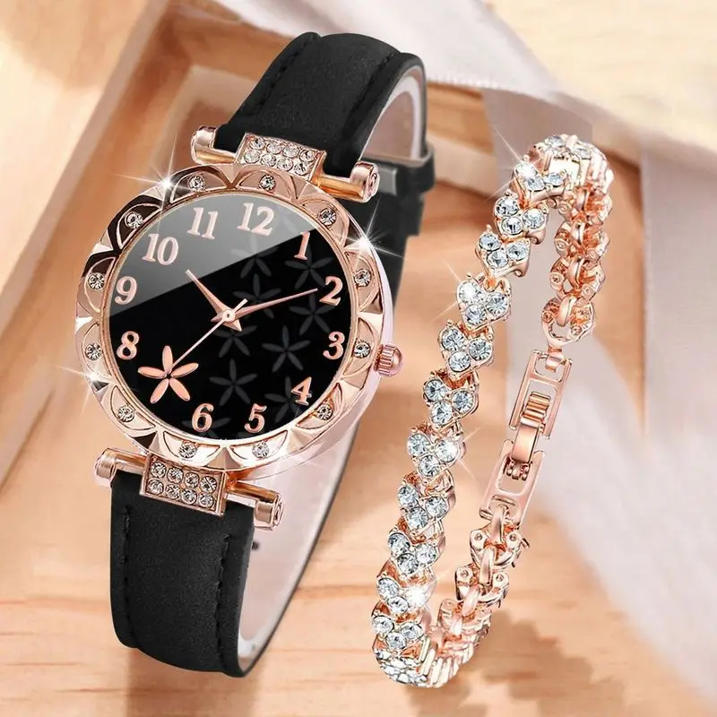 Fashion Women Quartz Watch Black Starfish Pattern Dial Watches Large Face Bracelet Set Trendy Wristwatch Casual Gifts