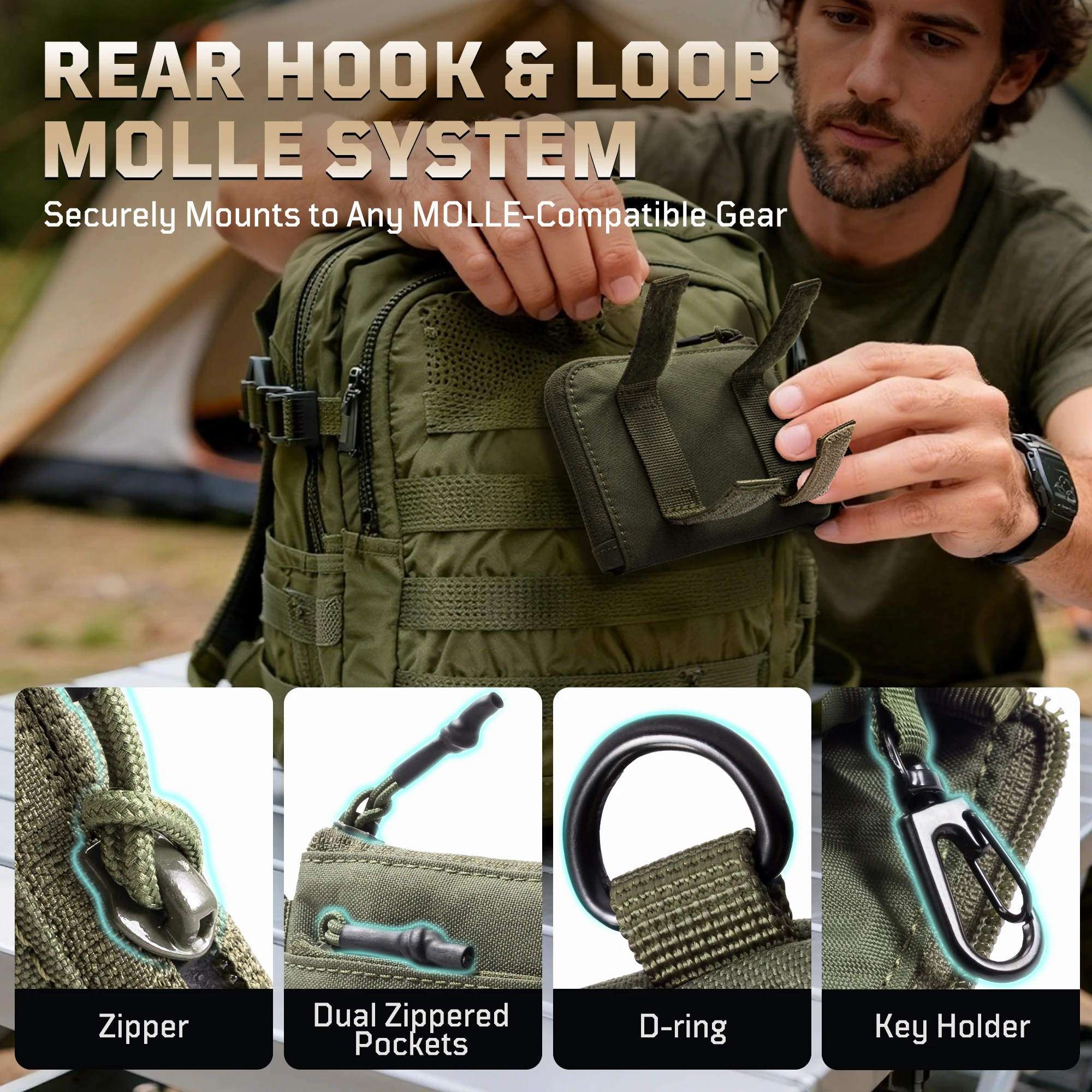 Bolsa de moedas tática 1tg, carteira minimalista 500d, porta-cartão de identificação, bolsa de dinheiro, bolsa tática com zíper ykk