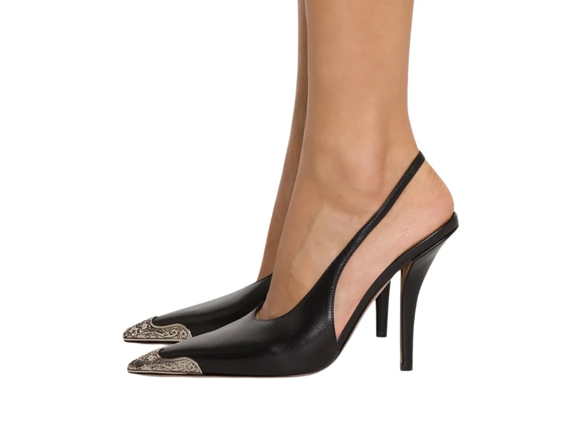 

2026 Summer New Women's Black Pointed Toe Slingback Shoes Ornate Metal Toe Cap Stiletto Heel Back Strap - Elegant High Heels