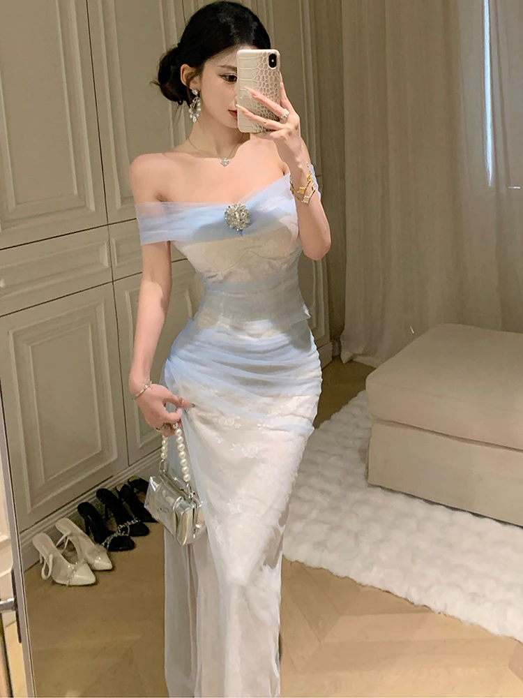 الصيف الأبيض الجاكار المرقعة شبكة فستان طويل المرأة أنيقة شيك الصدر التفاف فستان مثير 2025 الكورية Bodycon فستان المهرجان #2