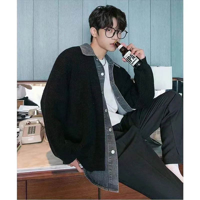 Spring/Summer 2023 Denim Paneled Sweater Men's Autumn And Winter Loose Vacation Two-piece Knitwear Men's Instagram Hong Kong Sty